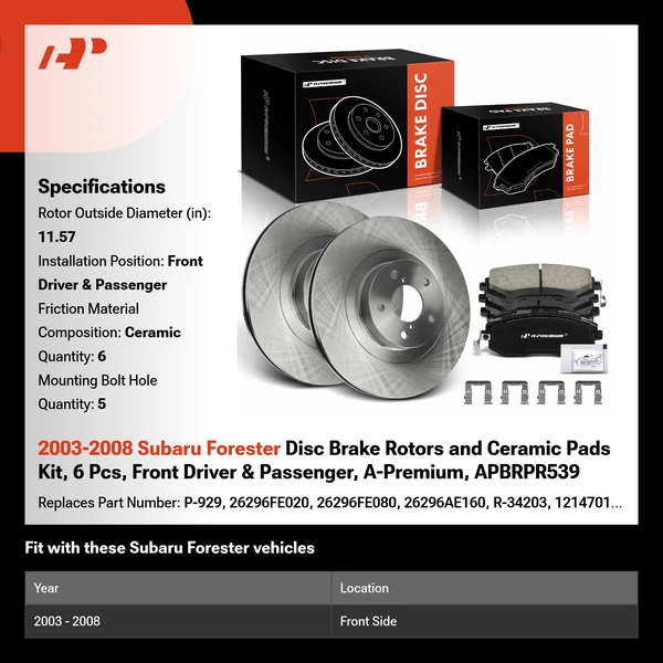 2003-2008 Subaru Forester Disc Brake Rotors and Ceramic Pads Kit, 6 Pcs, Front Driver & Passenger, A-Premium, APBRPR539