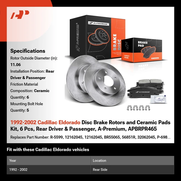 1992-2002 Cadillac Eldorado Disc Brake Rotors and Ceramic Pads Kit, 6 Pcs, Rear Driver & Passenger, A-Premium, APBRPR465