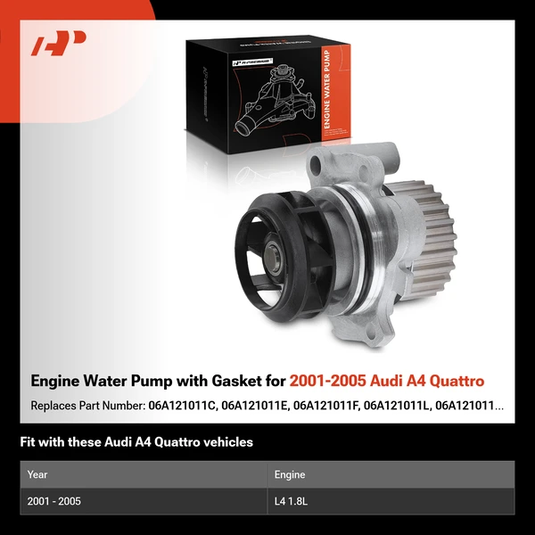 Engine Water Pump with Gasket for 2001-2005 Audi A4 Quattro
