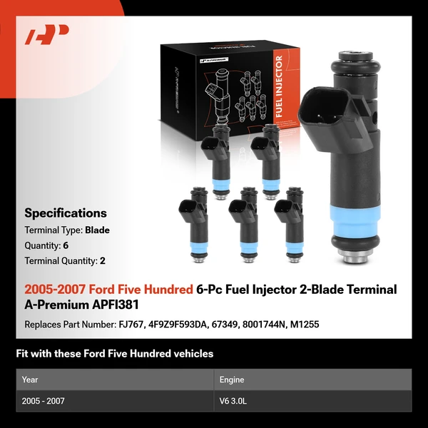 2005-2007 Ford Five Hundred 6-Pc Fuel Injector 2-Blade Terminal A-Premium APFI381