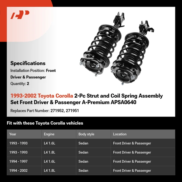 1993-2002 Toyota Corolla 2-Pc Strut and Coil Spring Assembly Set Front Driver & Passenger A-Premium APSA0640