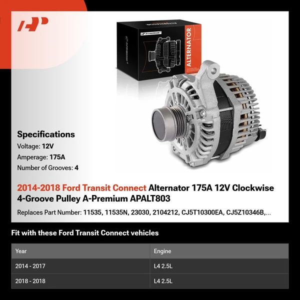 2014-2018 Ford Transit Connect Alternator 175A 12V Clockwise 4-Groove Pulley A-Premium APALT803