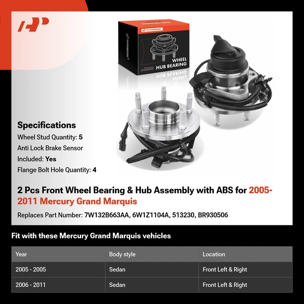 2 Pcs Front Wheel Bearing & Hub Assembly with ABS for 2005-2011 Mercury Grand Marquis