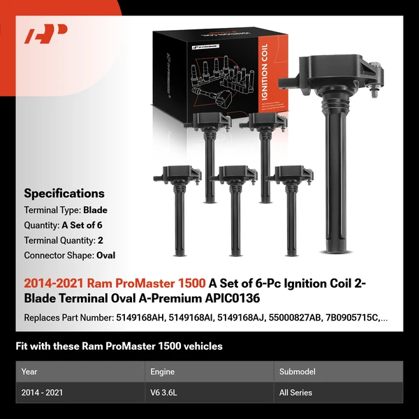 2014-2021 Ram ProMaster 1500 A Set of 6-Pc Ignition Coil 2-Blade Terminal Oval A-Premium APIC0136