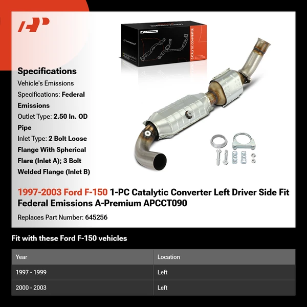 1997-2003 Ford F-150 1-PC Catalytic Converter Left Driver Side Fit Federal Emissions A-Premium APCCT090