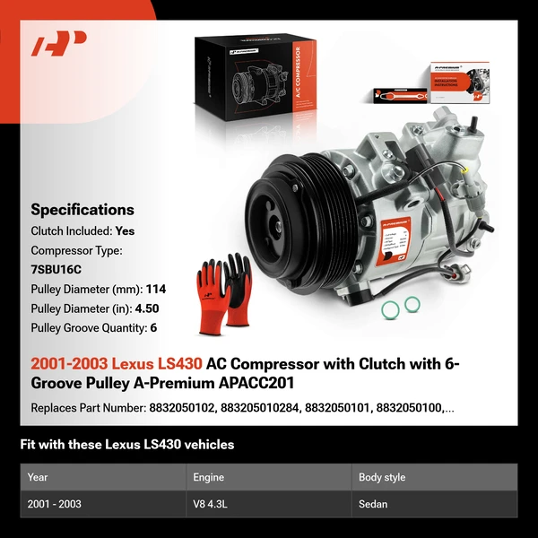 2001-2003 Lexus LS430 AC Compressor with Clutch with 6-Groove Pulley A-Premium APACC201