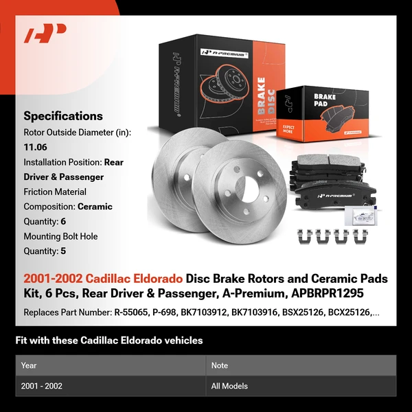 2001-2002 Cadillac Eldorado Disc Brake Rotors and Ceramic Pads Kit, 6 Pcs, Rear Driver & Passenger, A-Premium, APBRPR1295