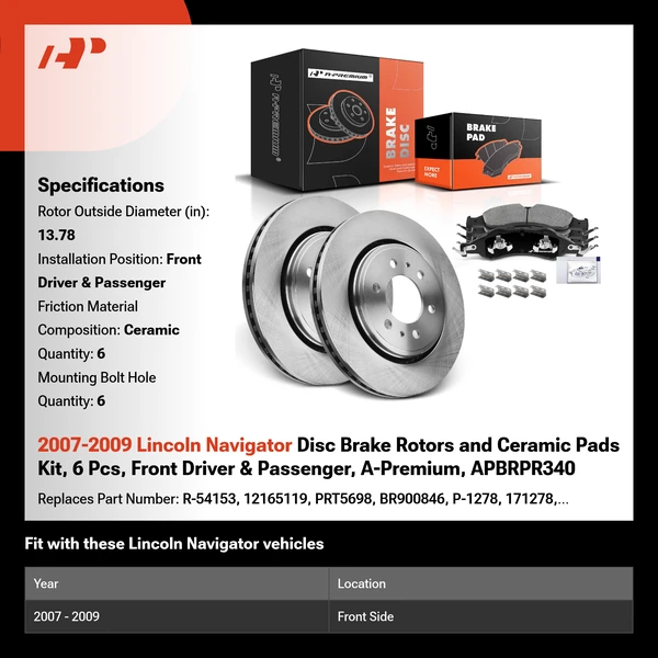 2007-2009 Lincoln Navigator Disc Brake Rotors and Ceramic Pads Kit, 6 Pcs, Front Driver & Passenger, A-Premium, APBRPR340