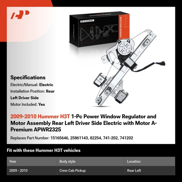 2009-2010 Hummer H3T 1-Pc Power Window Regulator and Motor Assembly Rear Left Driver Side Electric with Motor A-Premium APWR2325