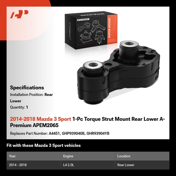 2014-2018 Mazda 3 Sport 1-Pc Torque Strut Mount Rear Lower A-Premium APEM2065
