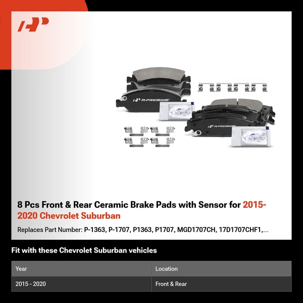 8 Pcs Front & Rear Ceramic Brake Pads with Sensor for 2015-2020 Chevrolet Suburban