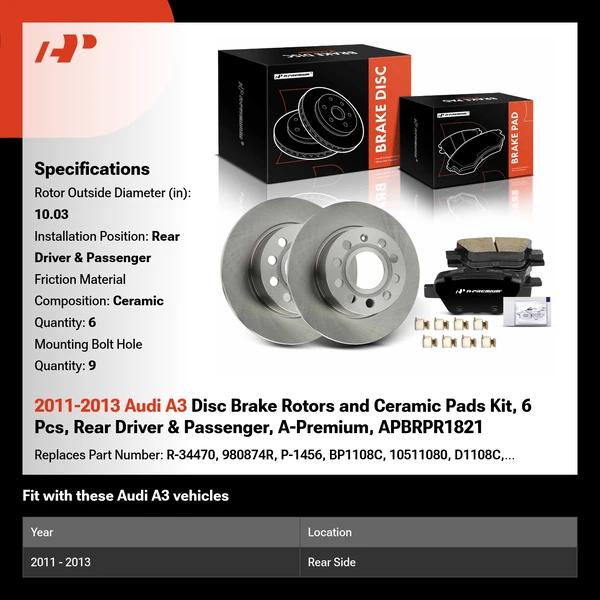 2011-2013 Audi A3 Disc Brake Rotors and Ceramic Pads Kit, 6 Pcs, Rear Driver & Passenger, A-Premium, APBRPR1821