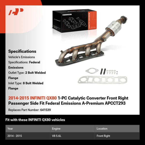 2014-2015 INFINITI QX80 1-PC Catalytic Converter Front Right Passenger Side Fit Federal Emissions A-Premium APCCT293