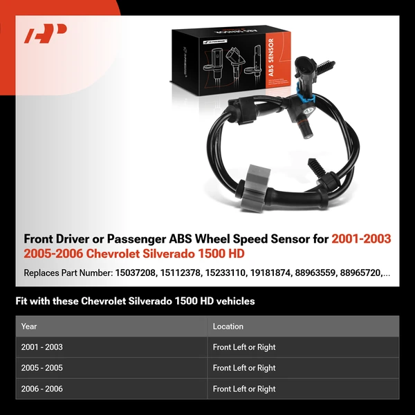 Front Driver or Passenger ABS Wheel Speed Sensor for 2001-2003 2005-2006 Chevrolet Silverado 1500 HD