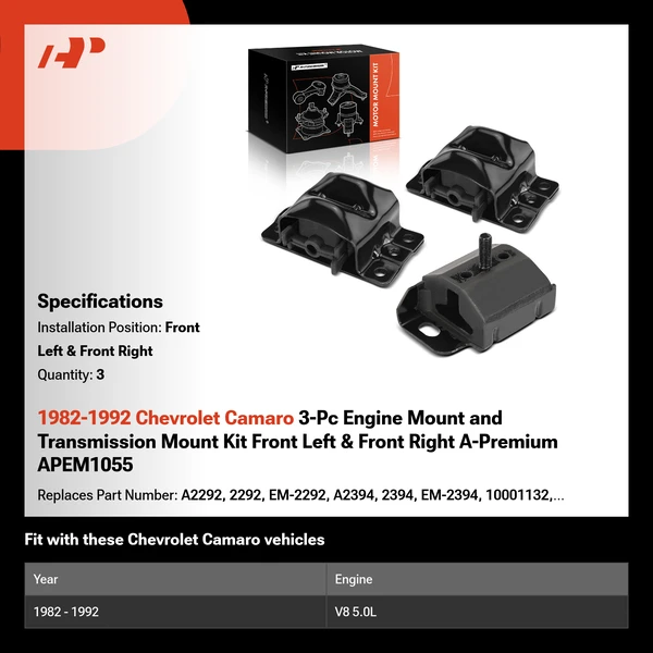 1982-1992 Chevrolet Camaro 3-Pc Engine Mount and Transmission Mount Kit Front Left & Front Right A-Premium APEM1055