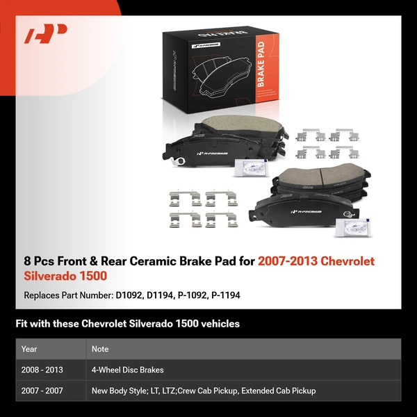 8 Pcs Front & Rear Ceramic Brake Pad for 2007-2013 Chevrolet Silverado 1500