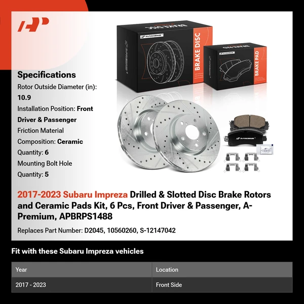 2017-2023 Subaru Impreza Drilled & Slotted Disc Brake Rotors and Ceramic Pads Kit, 6 Pcs, Front Driver & Passenger, A-Premium, APBRPS1488