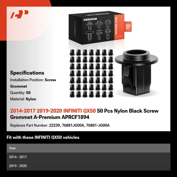 2014-2017 2019-2020 INFINITI QX50 50 Pcs Nylon Black Screw Grommet A-Premium APRCF1894