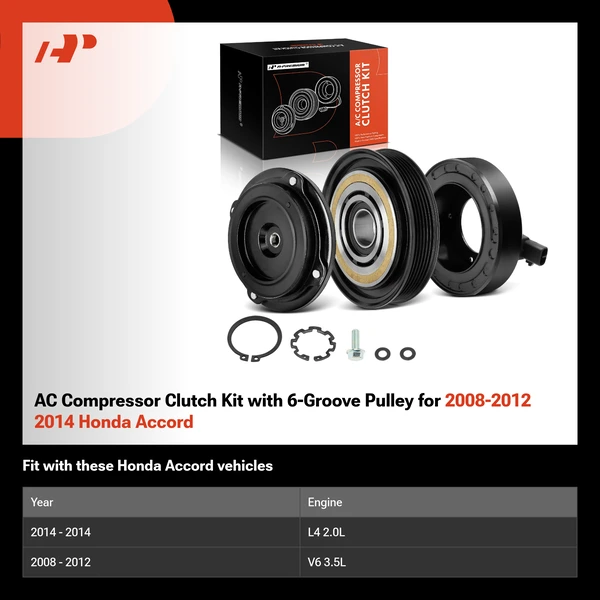 AC Compressor Clutch Kit with 6-Groove Pulley for 2008-2012 2014 Honda Accord
