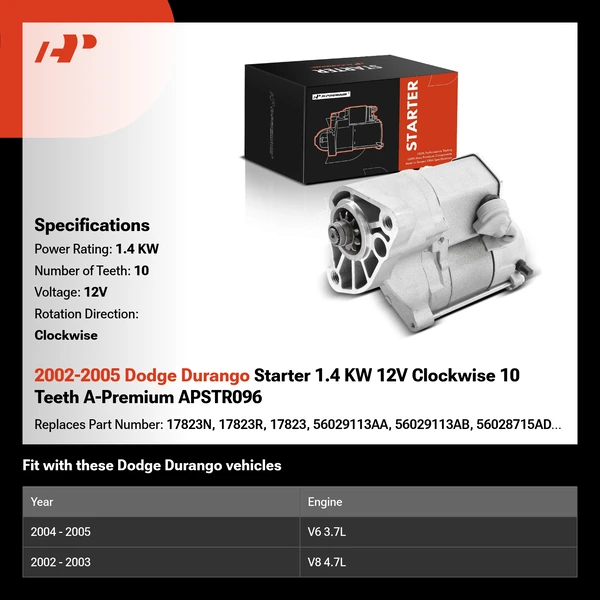 2002-2005 Dodge Durango Starter 1.4 KW 12V Clockwise 10 Teeth A-Premium APSTR096