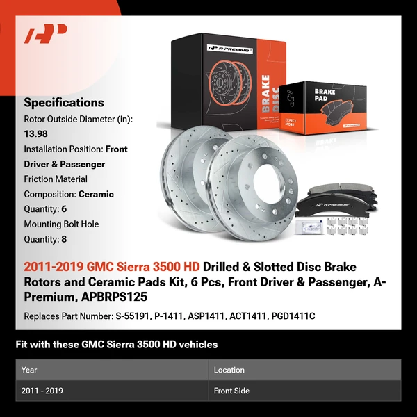 2011-2019 GMC Sierra 3500 HD Drilled & Slotted Disc Brake Rotors and Ceramic Pads Kit, 6 Pcs, Front Driver & Passenger, A-Premium, APBRPS125