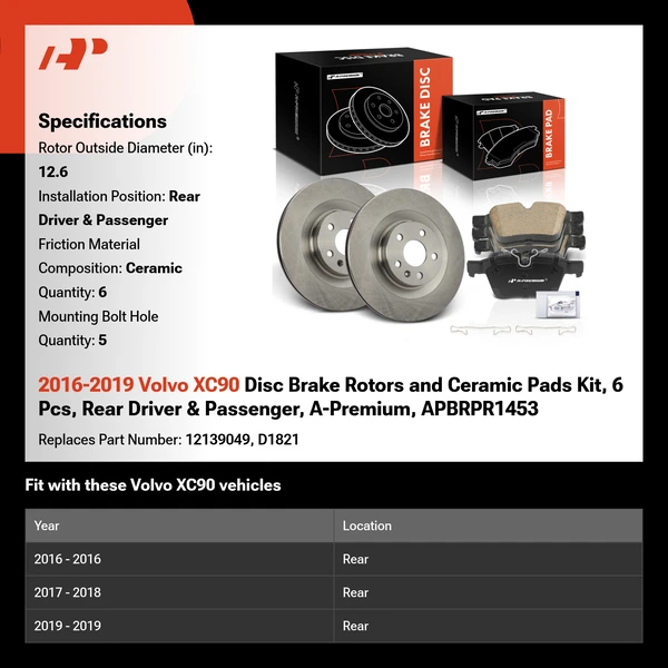 2016-2019 Volvo XC90 Disc Brake Rotors and Ceramic Pads Kit, 6 Pcs, Rear Driver & Passenger, A-Premium, APBRPR1453