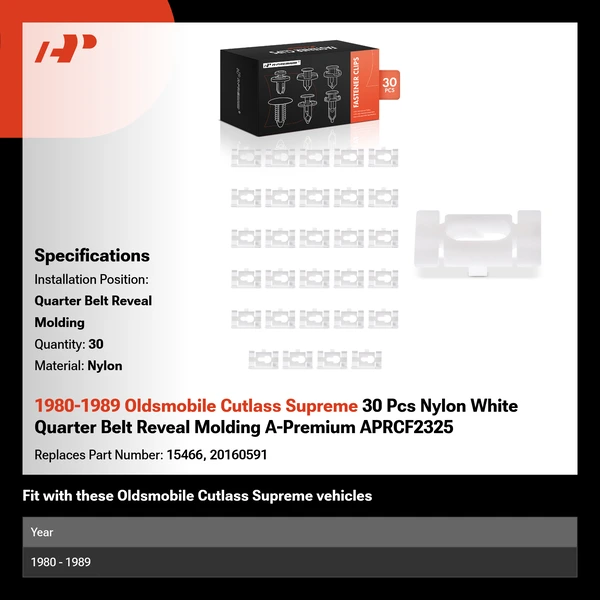 1980-1989 Oldsmobile Cutlass Supreme 30 Pcs Nylon White Quarter Belt Reveal Molding A-Premium APRCF2325