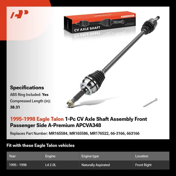 1995-1998 Eagle Talon 1-Pc CV Axle Shaft Assembly Front Passenger Side A-Premium APCVA348