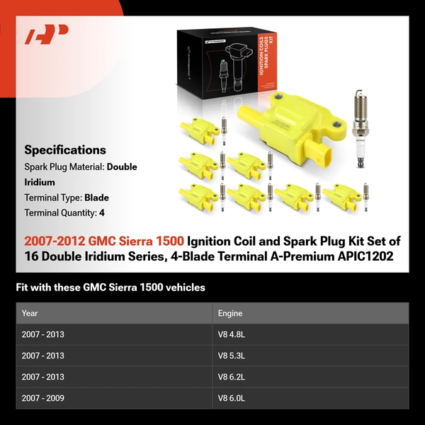 2007-2012 GMC Sierra 1500 Ignition Coil and Spark Plug Kit Set of 16 Double Iridium Series, 4-Blade Terminal A-Premium APIC1202