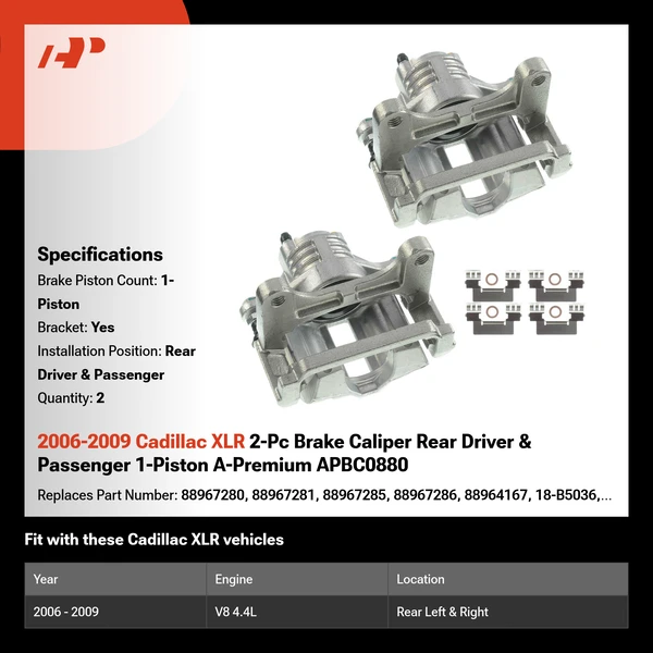 2006-2009 Cadillac XLR 2-Pc Brake Caliper Rear Driver & Passenger 1-Piston A-Premium APBC0880