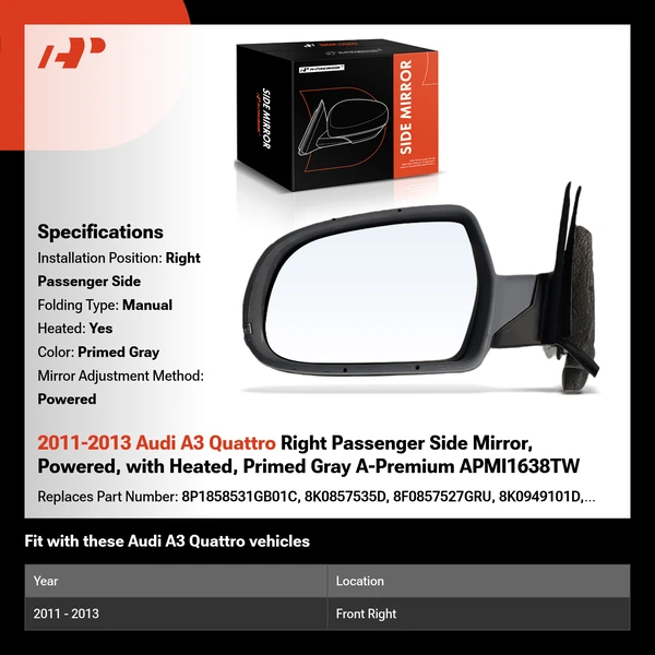 2011-2013 Audi A3 Quattro Right Passenger Side Mirror, Powered, with Heated, Primed Gray A-Premium APMI1638TW
