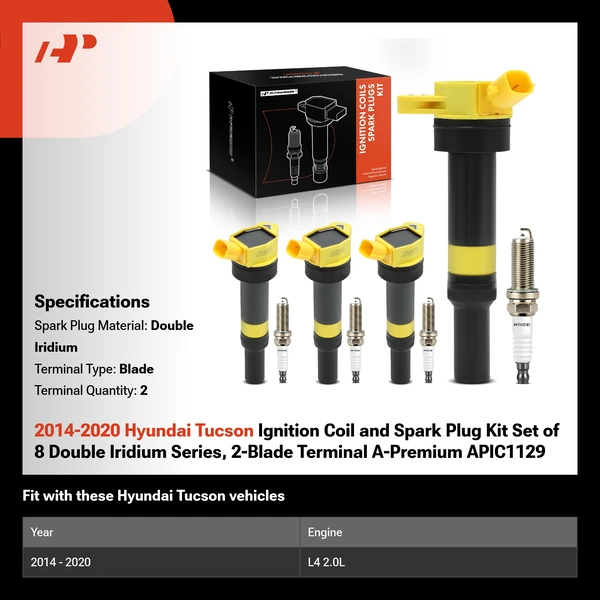 2014-2020 Hyundai Tucson Ignition Coil and Spark Plug Kit Set of 8 Double Iridium Series, 2-Blade Terminal A-Premium APIC1129