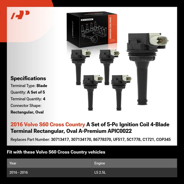 2016 Volvo S60 Cross Country A Set of 5-Pc Ignition Coil 4-Blade Terminal Rectangular, Oval A-Premium APIC0022