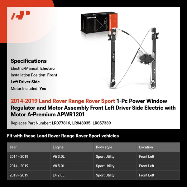 2014-2019 Land Rover Range Rover Sport 1-Pc Power Window Regulator and Motor Assembly Front Left Driver Side Electric with Motor A-Premium APWR1201