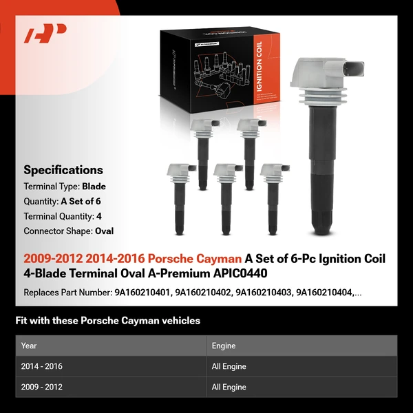 2009-2012 2014-2016 Porsche Cayman A Set of 6-Pc Ignition Coil 4-Blade Terminal Oval A-Premium APIC0440