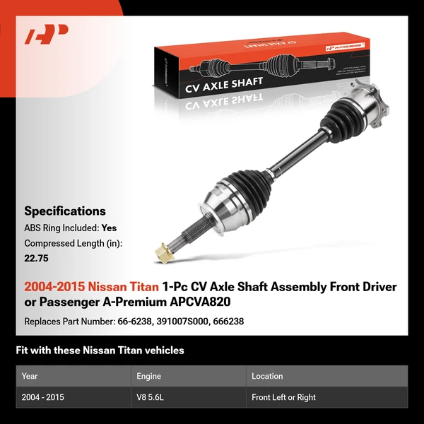 2004-2015 Nissan Titan 1-Pc CV Axle Shaft Assembly Front Driver or Passenger A-Premium APCVA820