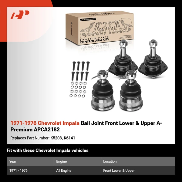 1971-1976 Chevrolet Impala Ball Joint Front Lower & Upper A-Premium APCA2182