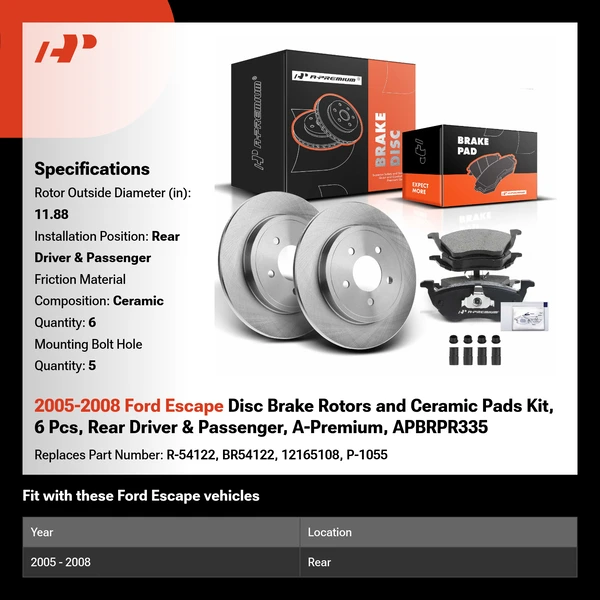 2005-2008 Ford Escape Disc Brake Rotors and Ceramic Pads Kit, 6 Pcs, Rear Driver & Passenger, A-Premium, APBRPR335