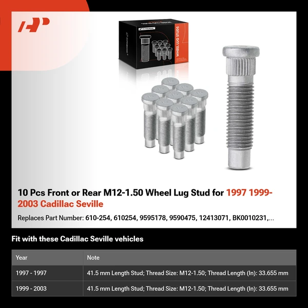 10 Pcs Front or Rear M12-1.50 Wheel Lug Stud for 1997 1999-2003 Cadillac Seville