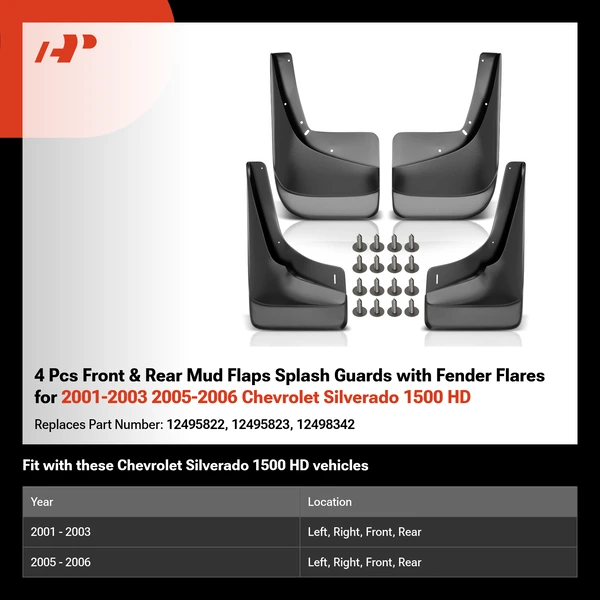 4 Pcs Front & Rear Mud Flaps Splash Guards with Fender Flares for 2001-2003 2005-2006 Chevrolet Silverado 1500 HD