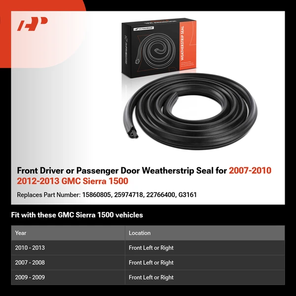 Front Driver or Passenger Door Weatherstrip Seal for 2007-2010 2012-2013 GMC Sierra 1500