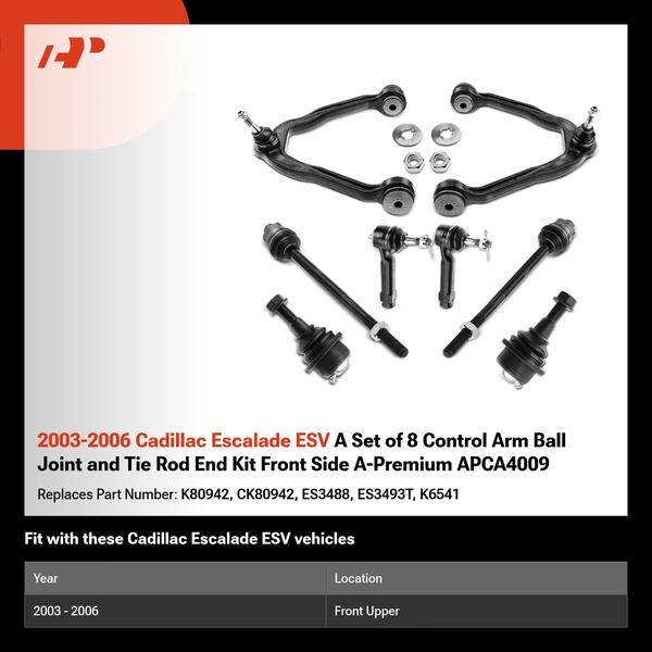 2003-2006 Cadillac Escalade ESV A Set of 8 Control Arm Ball Joint and Tie Rod End Kit Front Side A-Premium APCA4009