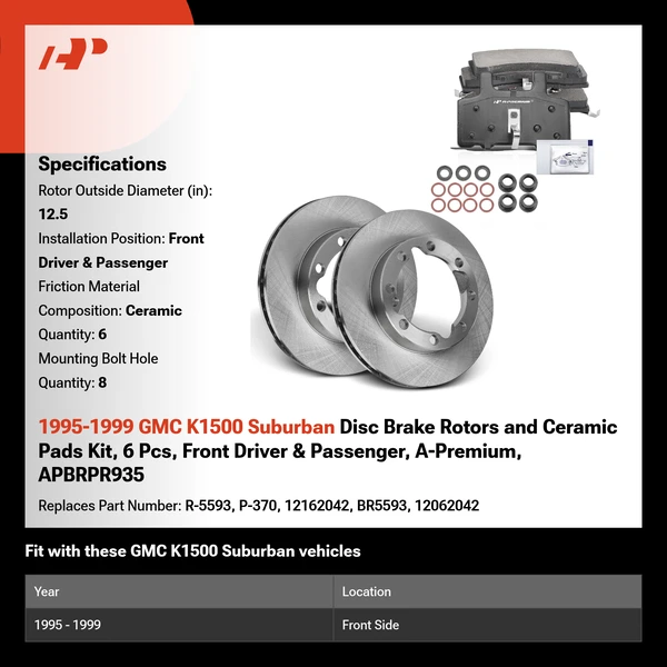 1995-1999 GMC K1500 Suburban Disc Brake Rotors and Ceramic Pads Kit, 6 Pcs, Front Driver & Passenger, A-Premium, APBRPR935