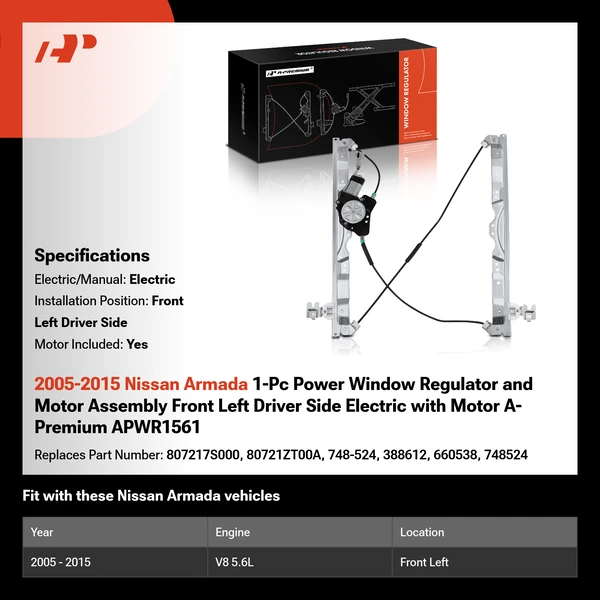 2005-2015 Nissan Armada 1-Pc Power Window Regulator and Motor Assembly Front Left Driver Side Electric with Motor A-Premium APWR1561