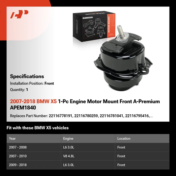 2007-2018 BMW X5 1-Pc Engine Motor Mount Front A-Premium APEM1840