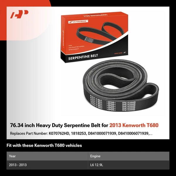 76.34 inch Heavy Duty Serpentine Belt for 2013 Kenworth T680