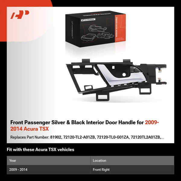 Front Passenger Silver & Black Interior Door Handle for 2009-2014 Acura TSX