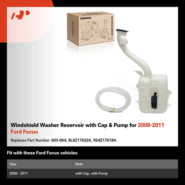 Windshield Washer Reservoir with Cap & Pump for 2008-2011 Ford Focus