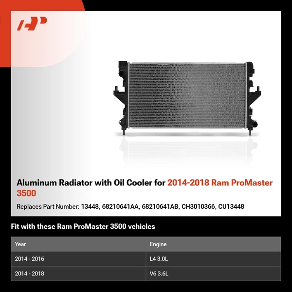 Aluminum Radiator with Oil Cooler for 2014-2018 Ram ProMaster 3500