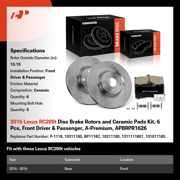 2016 Lexus RC200t Disc Brake Rotors and Ceramic Pads Kit, 6 Pcs, Front Driver & Passenger, A-Premium, APBRPR1626